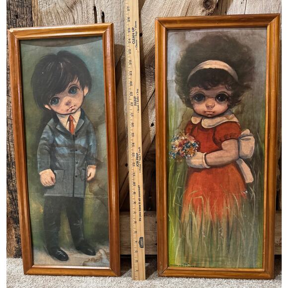 Vintage 60s Ozz Franca Big Eye Children Prints Framed Red Flower Girl & Suit Boy - Picture 3 of 13